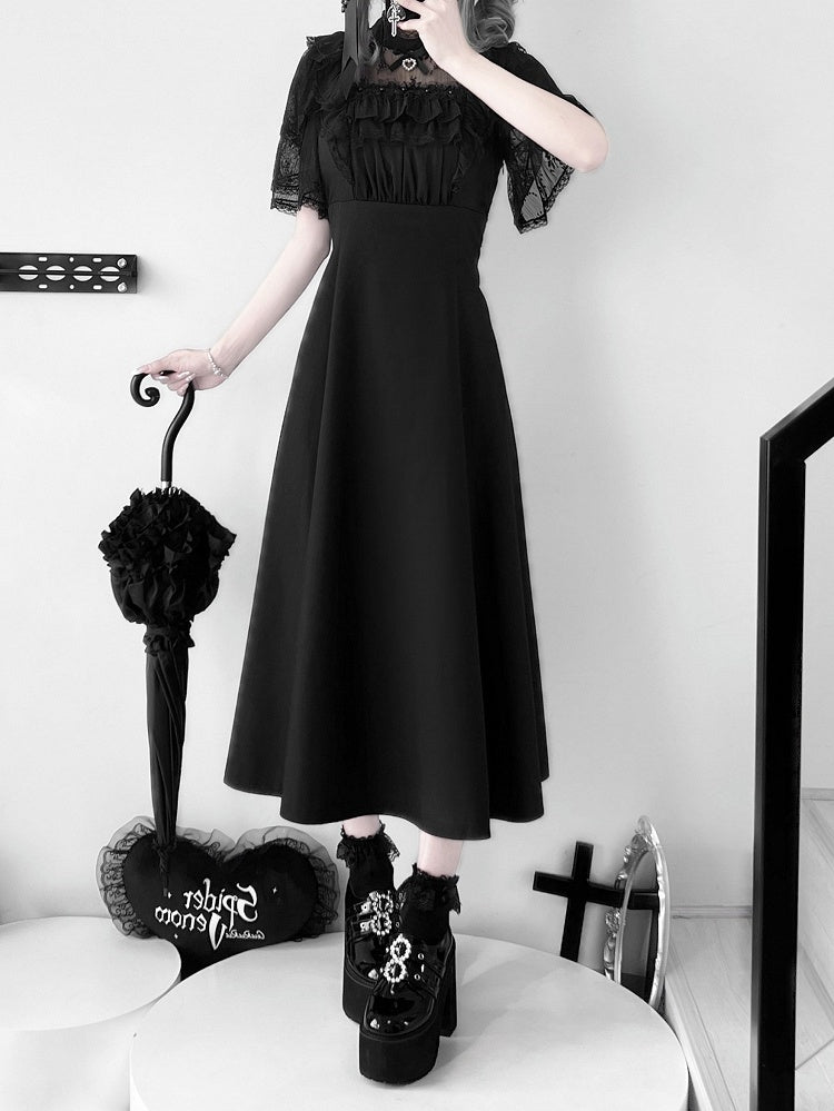 Jirai Kei Black/White Illusion Waist Neckline Ruffled High Lace Dress Trim