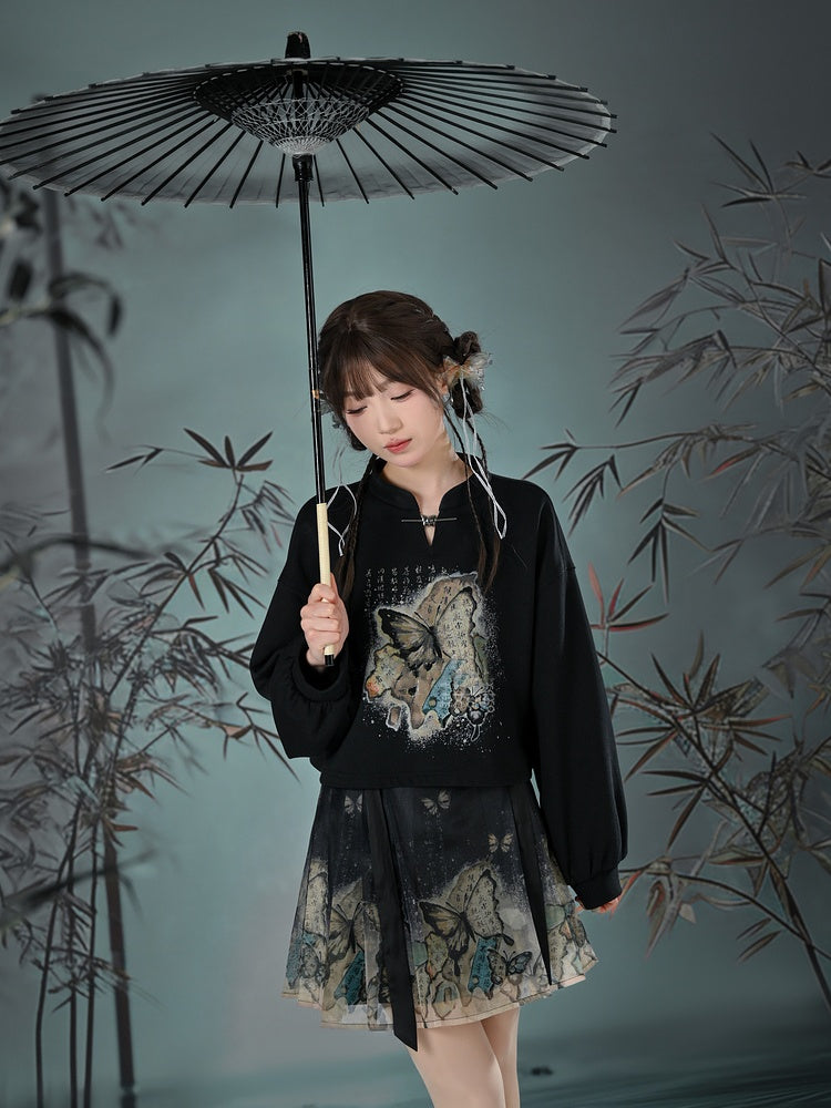 Banded Sweatshirt Collar Butterfly Style Cheongsam Print Black/Apricot