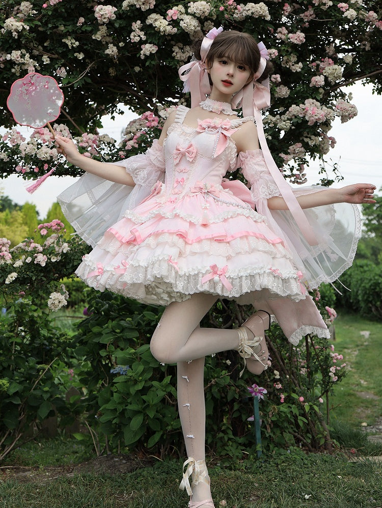 Dress Lolita Accents Chains Bead Pink Waist Flower and Corset Bow Qi