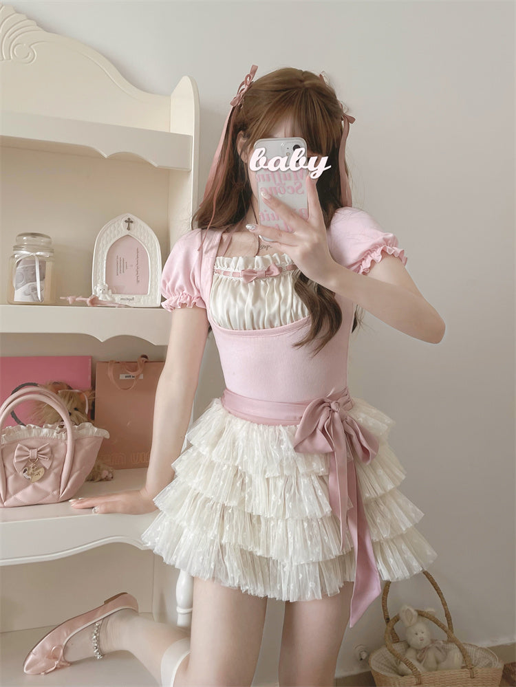 Beige Tulle Balletcore Self-tie Tiered Skirt Bow with