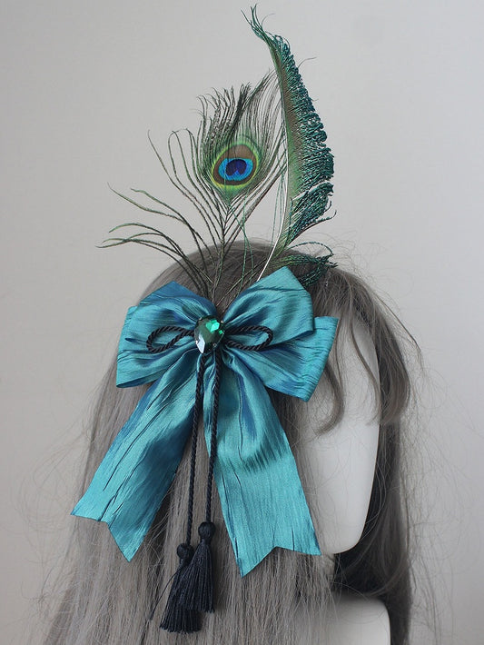 Peacock Blue Rhinestone Tassels Decorated Design Hairclip Feather Bowknot