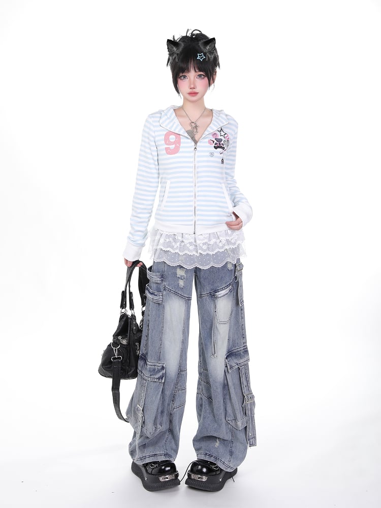 Wash Blue Distressed Cargo Jeans with Adjustable Strap Accents Faded