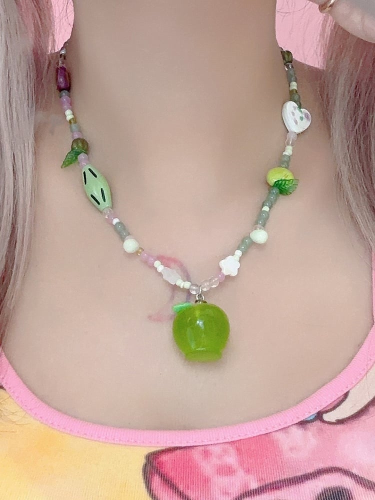 Y2K Pendant Necklace Apple Beaded Green