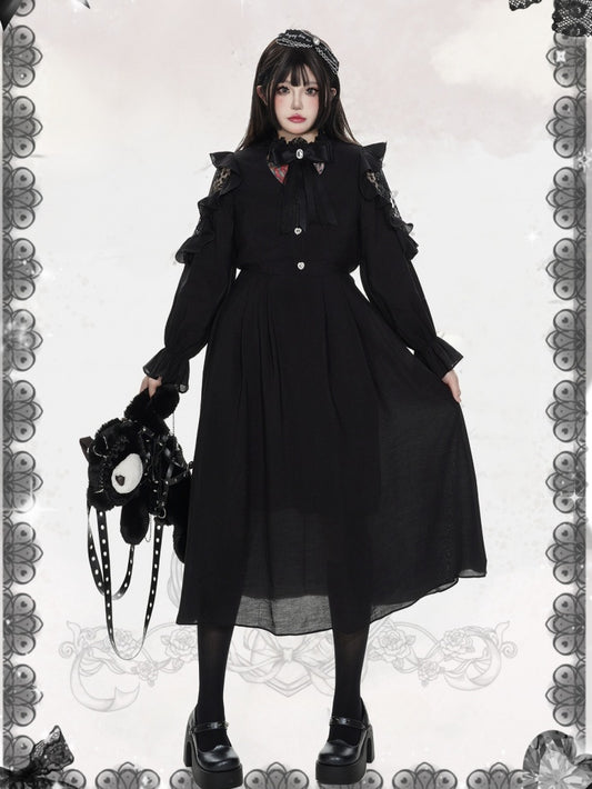 プラスサイズ ハートボタン ブラック レース パッチ ロングドレス