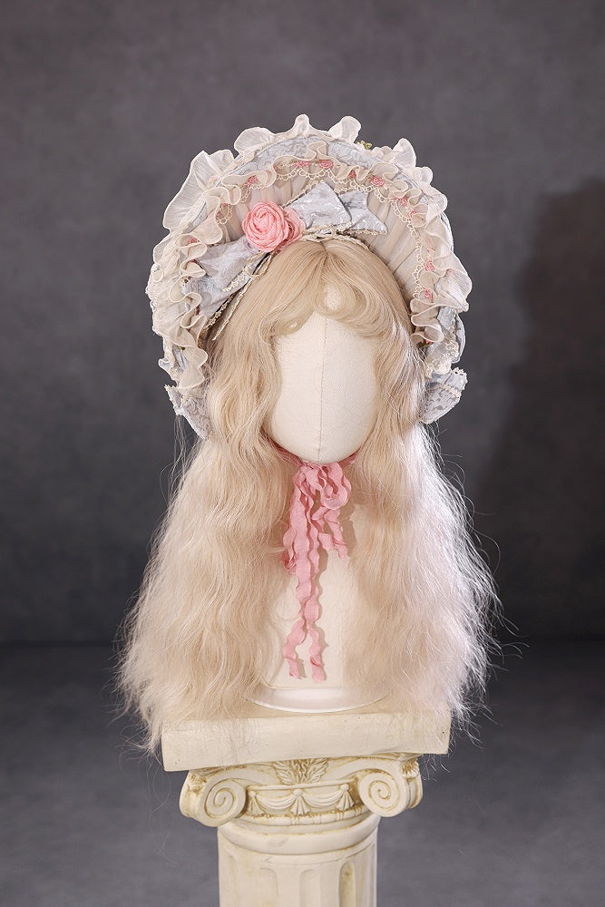 Hellgraues Hanayome-Rosetten-Stickerei-Blumen- und Perlenkettendetails Lolita OP-Komplettset