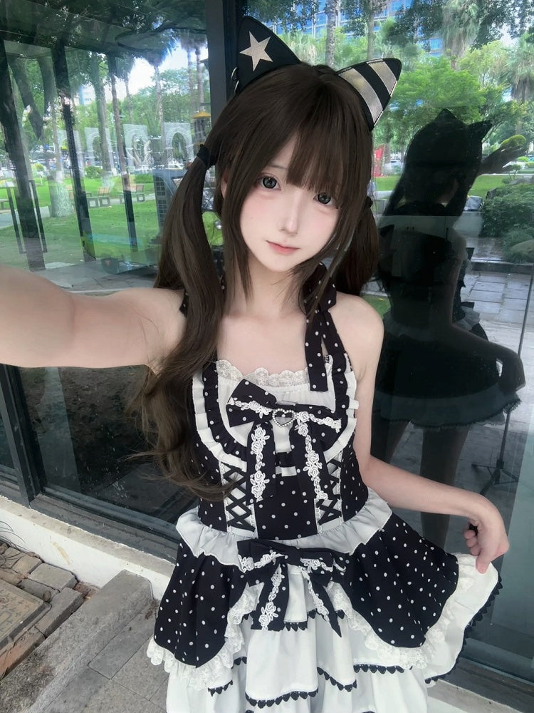 Black and White Polka Dot Elegant Halter Neck Dress / Black Peter Pan Collar Semi-Sheer Tulle Blouse