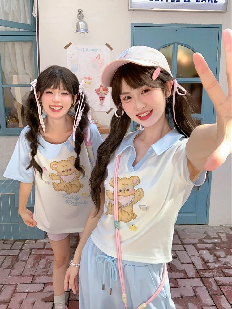 Version Bear Print Apple and Heart Buttons T-Shirt V-neck White Short