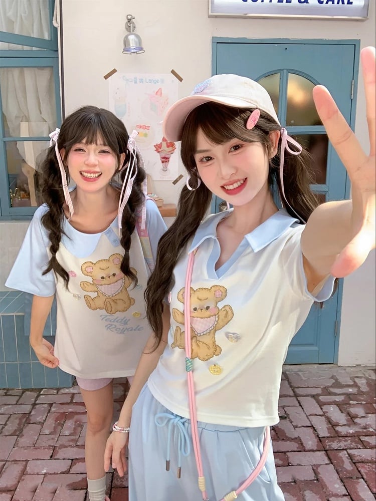 Blue and White Asymmetrical Peter Pan Collar Bear Print T-Shirt Long Version