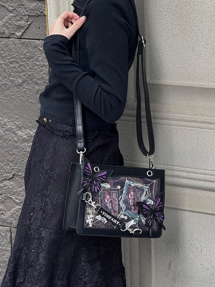 Purple Butterfly Spiderweb Detail Small Version Black Ita Shoulder Bag