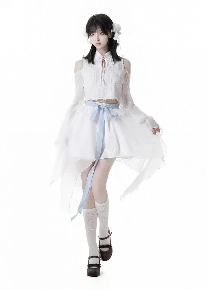 Sleeves Cropped Top White Cheongsam Collar Cutout Shoulder Bell