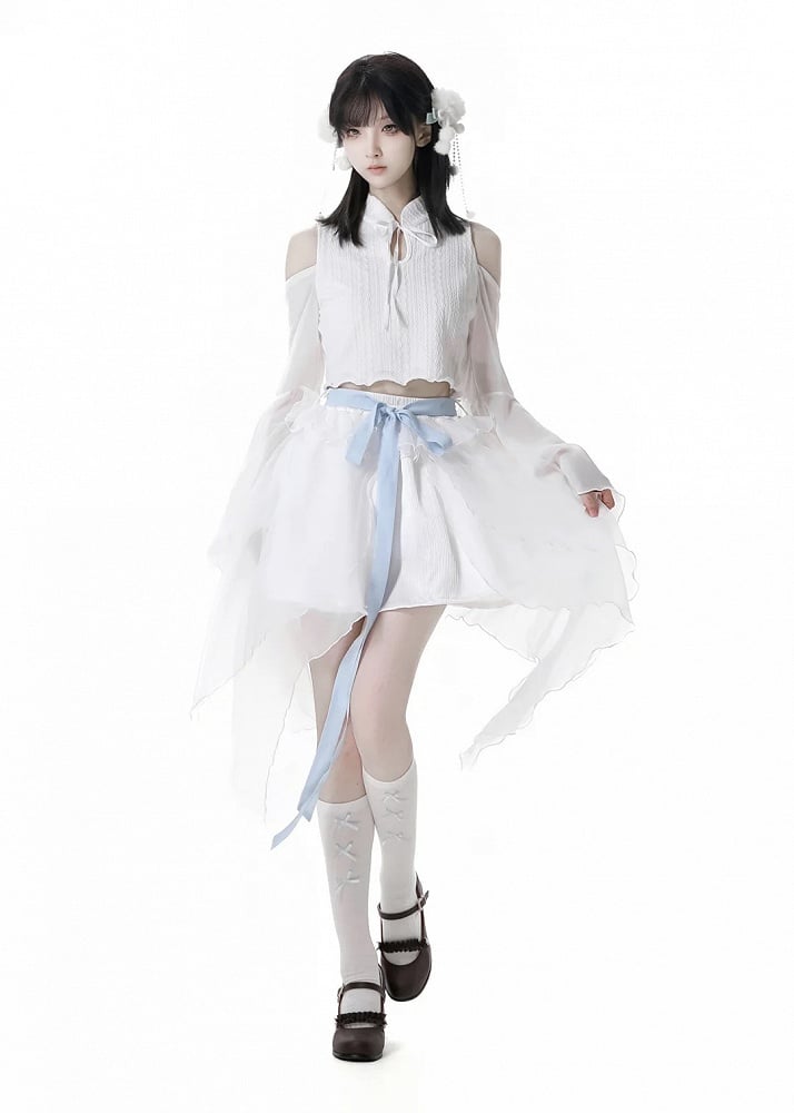 ホワイトのアシンメトリーメッシュヘムスカートバージョン(リボン付き)ショート/ロングセルフタイ