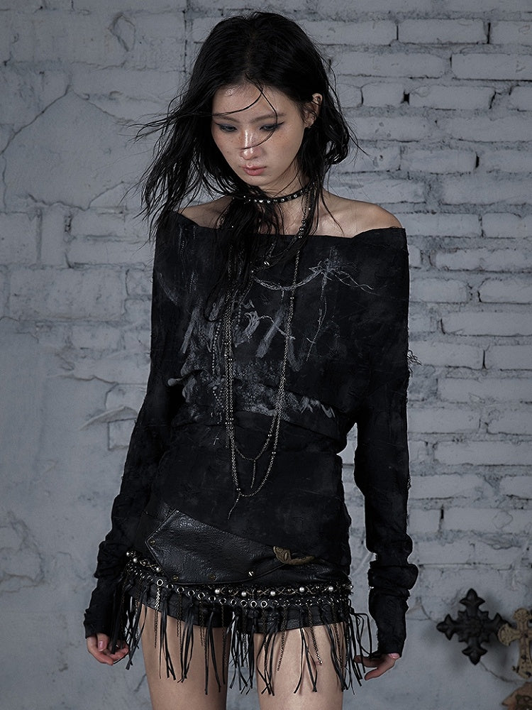 Lace-up Wasteland Black Top Off-the-shoulder Punk Design Neckline