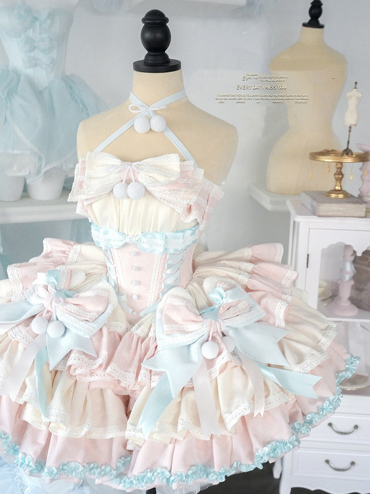 Mint Green Waist Pink Basque and Bowknots and Pompons Sweet Balletcore Puffy Lace-up Dress Decoration
