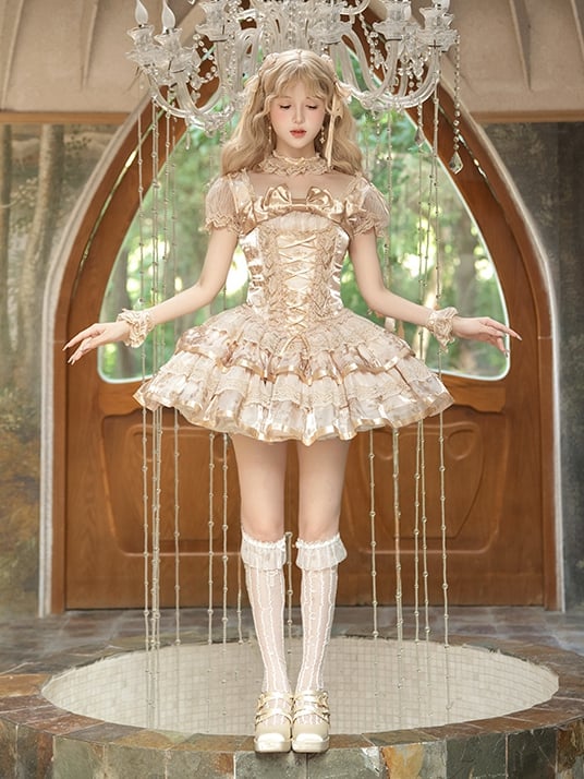 Sleeves Corset Lolita Kitty Short Dress Print and Bunny Puff Champagne