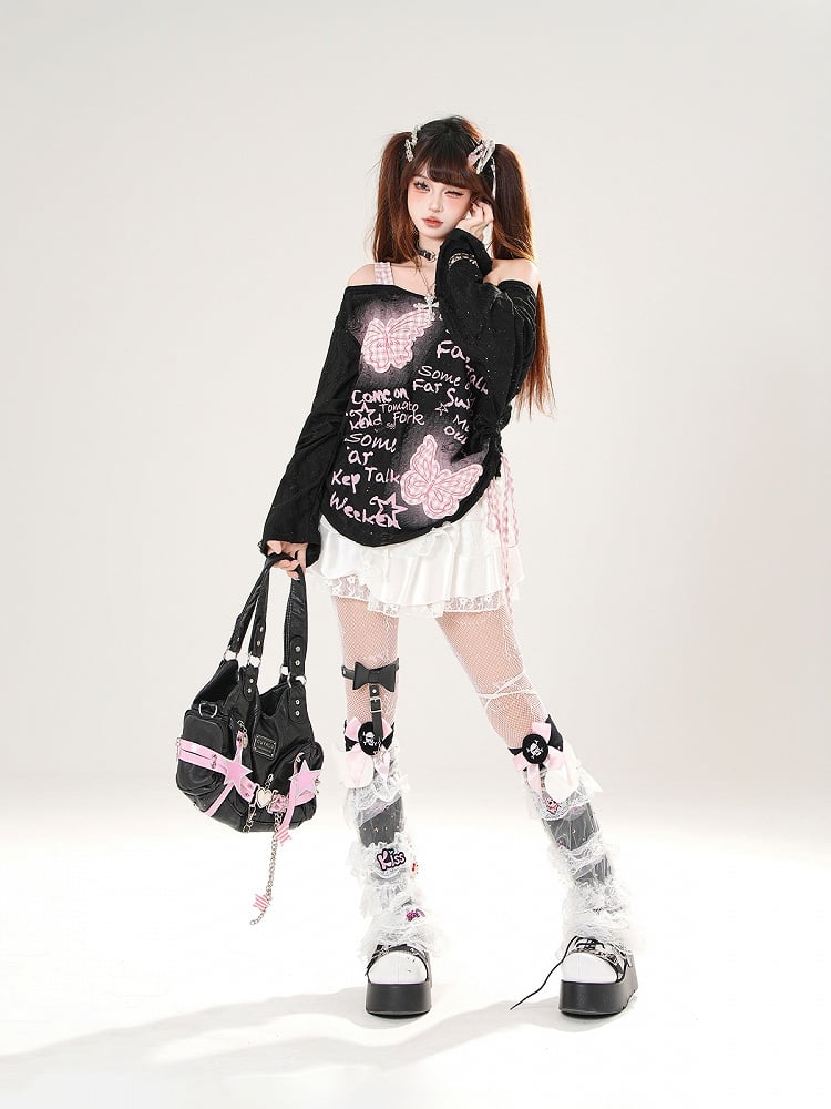 Off-the-shoulder Black/White Pink Plaid Butterfly Appliques
