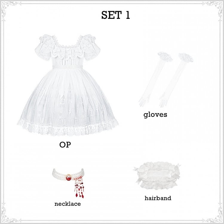 Set Full Short Dress Goth High White Version OP Castle Print Waist Lolita