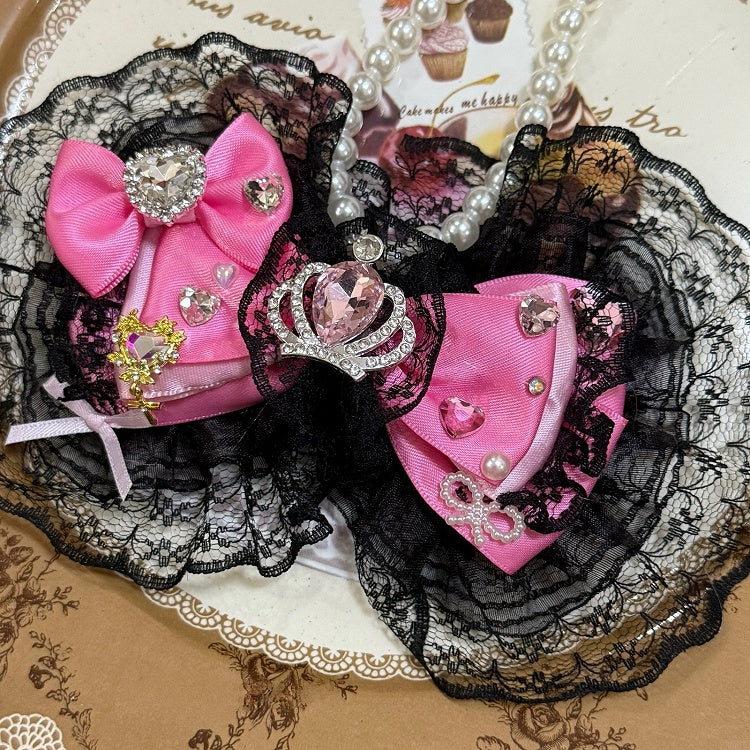 Rhinestone Necklace BlackPink Lace Bowknot Trim Heart Crown And Pendant Decorated Beaded