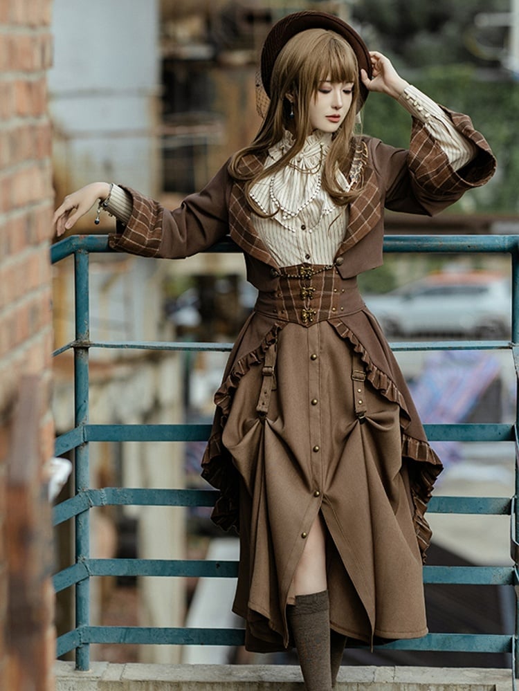 Train Hem Brown Ruffled Plaid Dark Pattern Steampunk