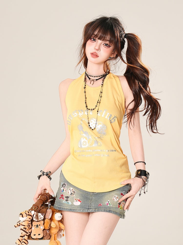 Kitty Print Halter Neck Tank Top Yellow/White