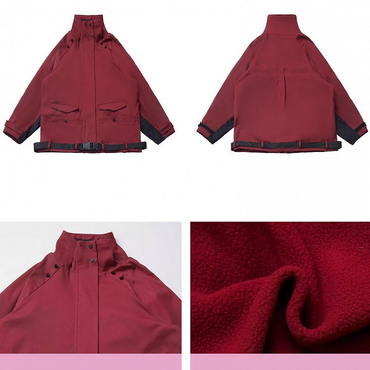 Rote und schwarze Colorblock-Ärmel, Schnallenriemen, Unisex-Jacke