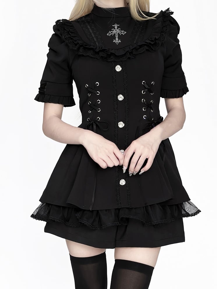 Kei Jirai All-Black Dress Tie Bow Sleeve Short Bib with Detachable Set