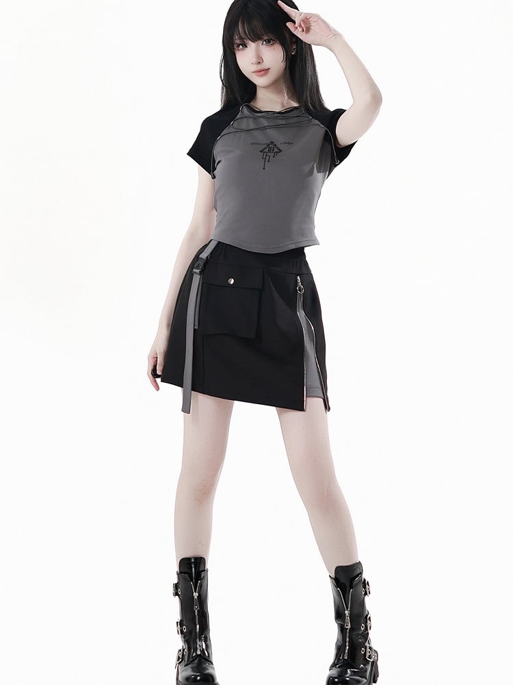 Graues Colorblock-Design und schwarzes Techwear-T-Shirt mit Schnürung vorne