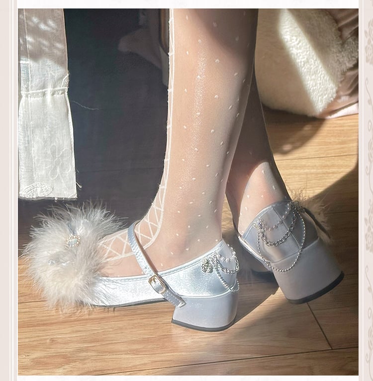 Light Pink Feather Rhinestone Bow at Top Mary Janes with Beaded Chain