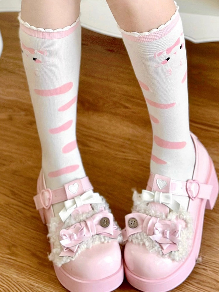 Pink Pattern White Bowknot Print Kitty Socks Lolita Calf