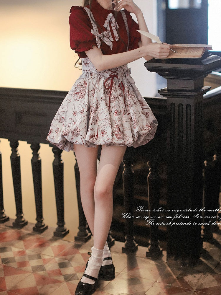 Wine Red Jacquard Overall Dress with Bubble Skirt Lace-up Waist