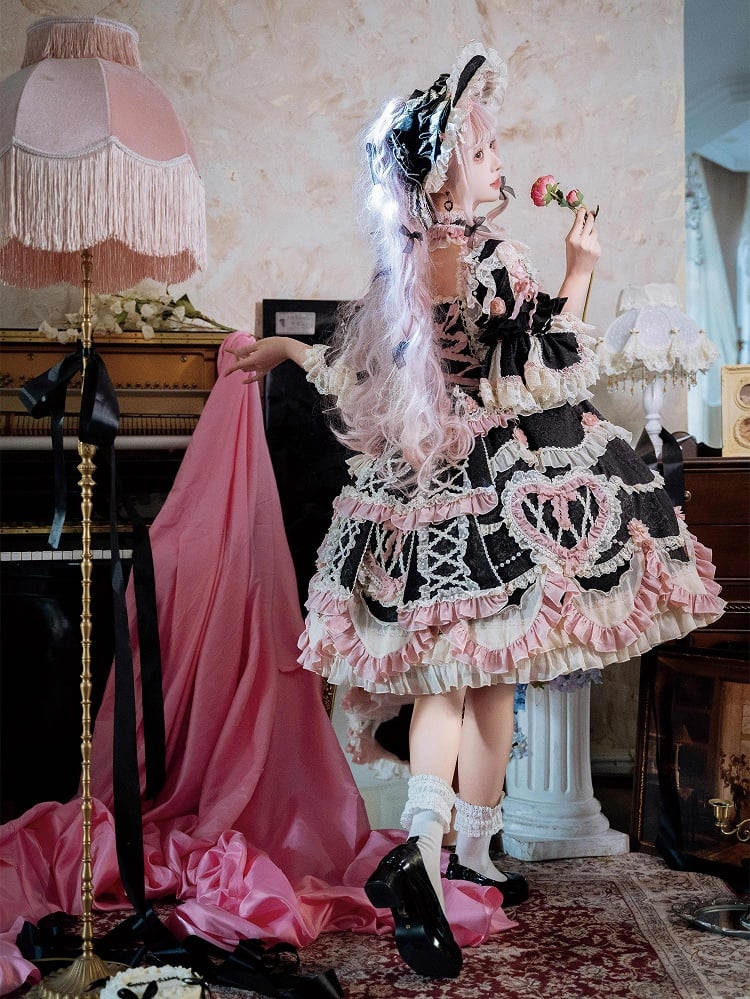 Black Hanayome Rosette Embroidery Floral and Bead Chain Lolita OP Full Set