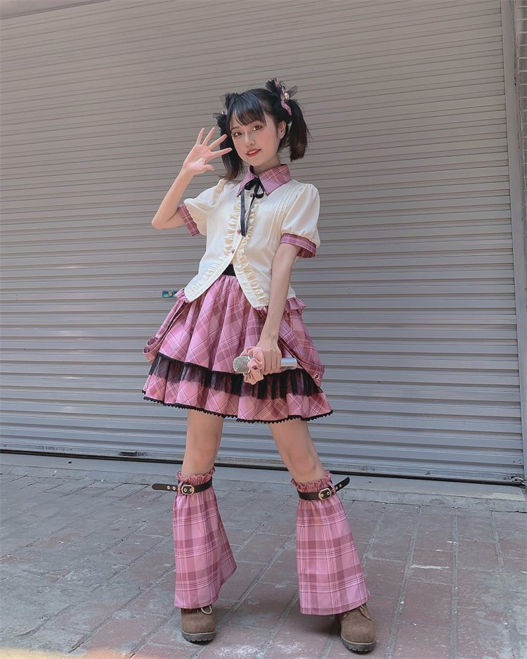 Contrast Pink Plaid Trim Beige Idol Lolita Blouse with Lace-up Detail at Back