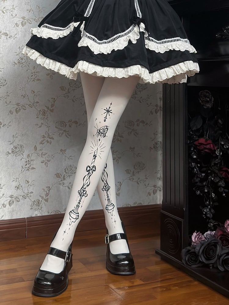 Tights Butterfly and Candelabra Print Gothic Lolita White