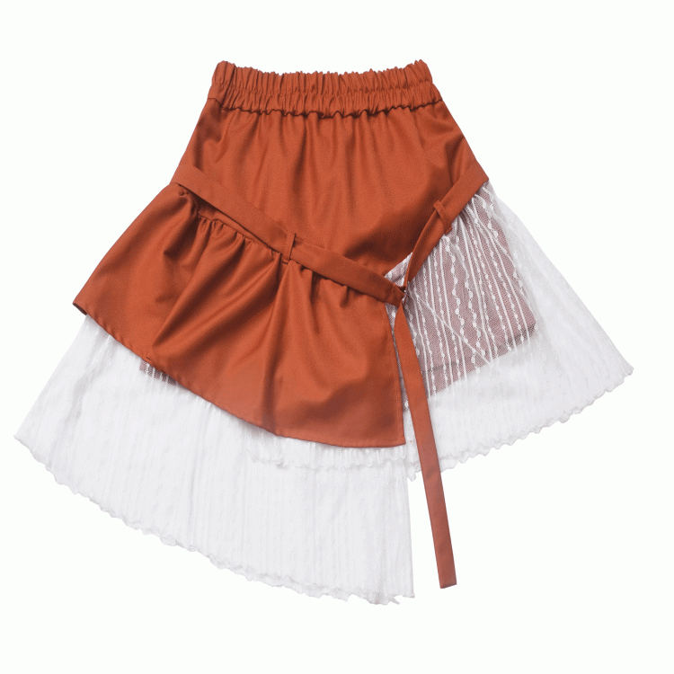 Hem Skirt Orange Elastic Waist Lace Patchwork Asymmetrical
