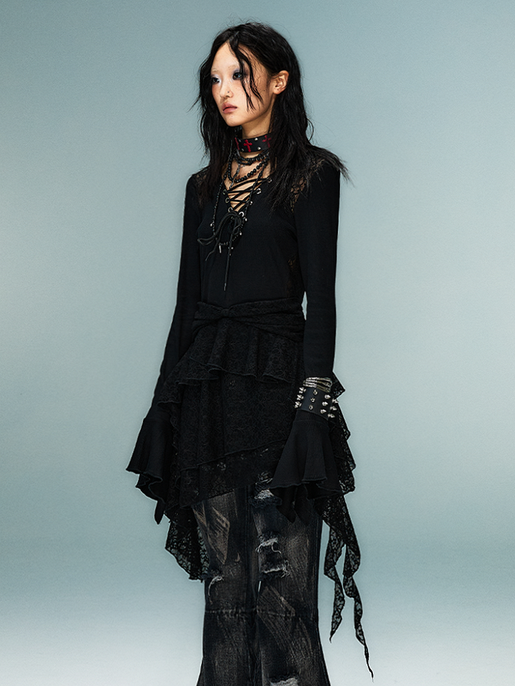 Knit Dress with Lace Accents Sleeve Hem Black Gothic Punk Bell Handkerchief