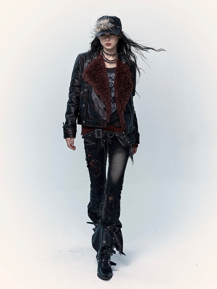 Black Split Cuffs Distressed Flared Jeans with Lace-up