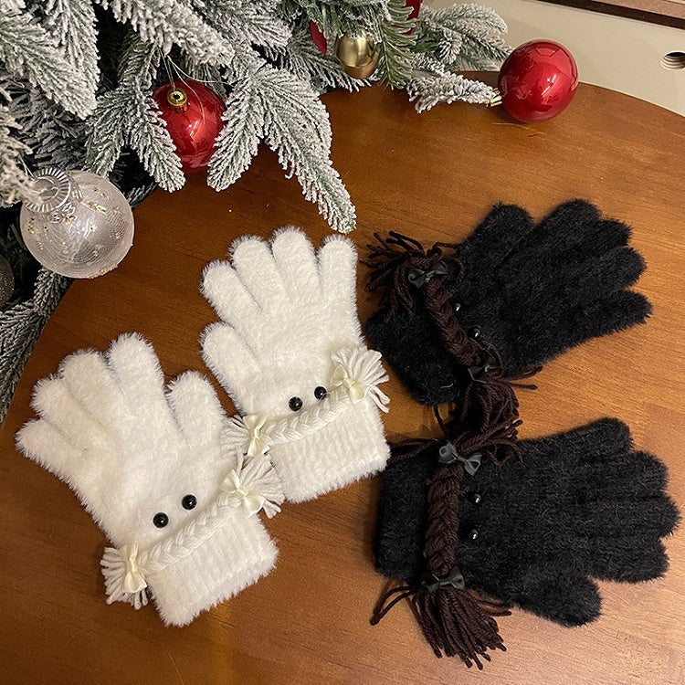 Black/White Lolita Braids Bowknot Plush Gloves