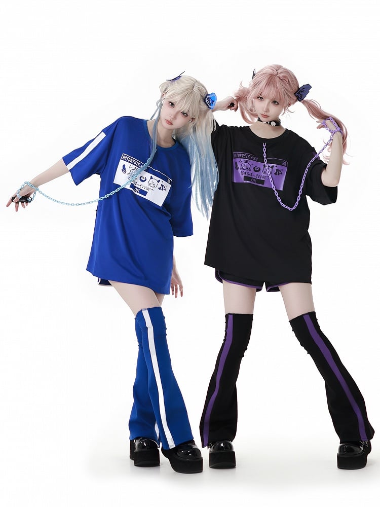 and Purple Elastic Waist Sports Shorts Black