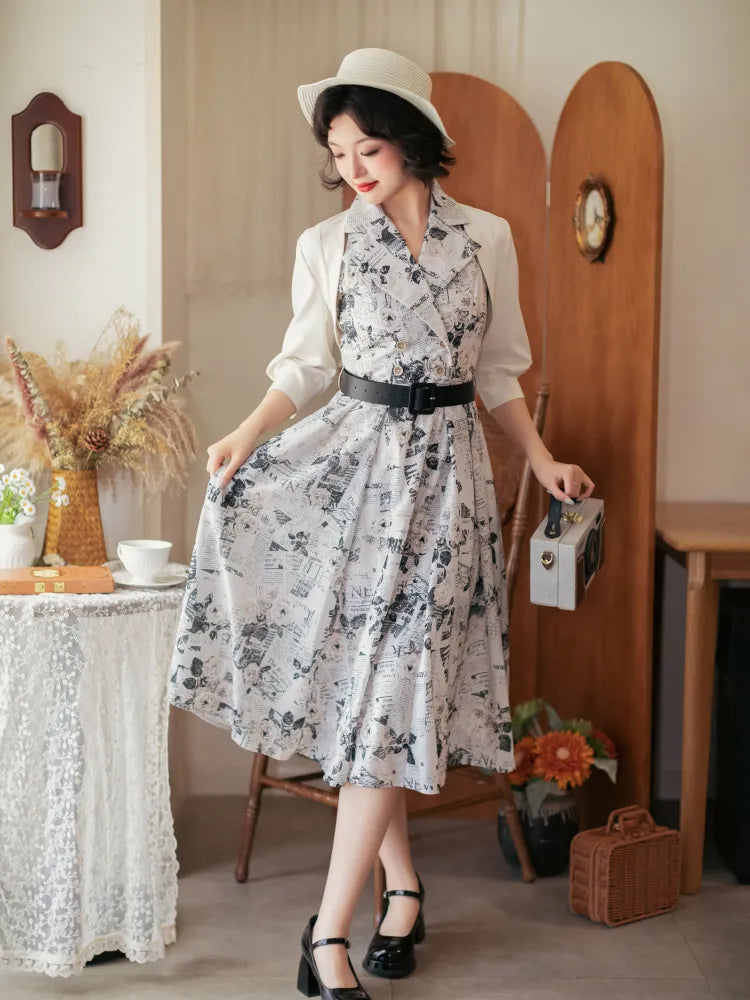 Blazer Collar 1950s Retro Dress Summer Fashion Print Newspaper