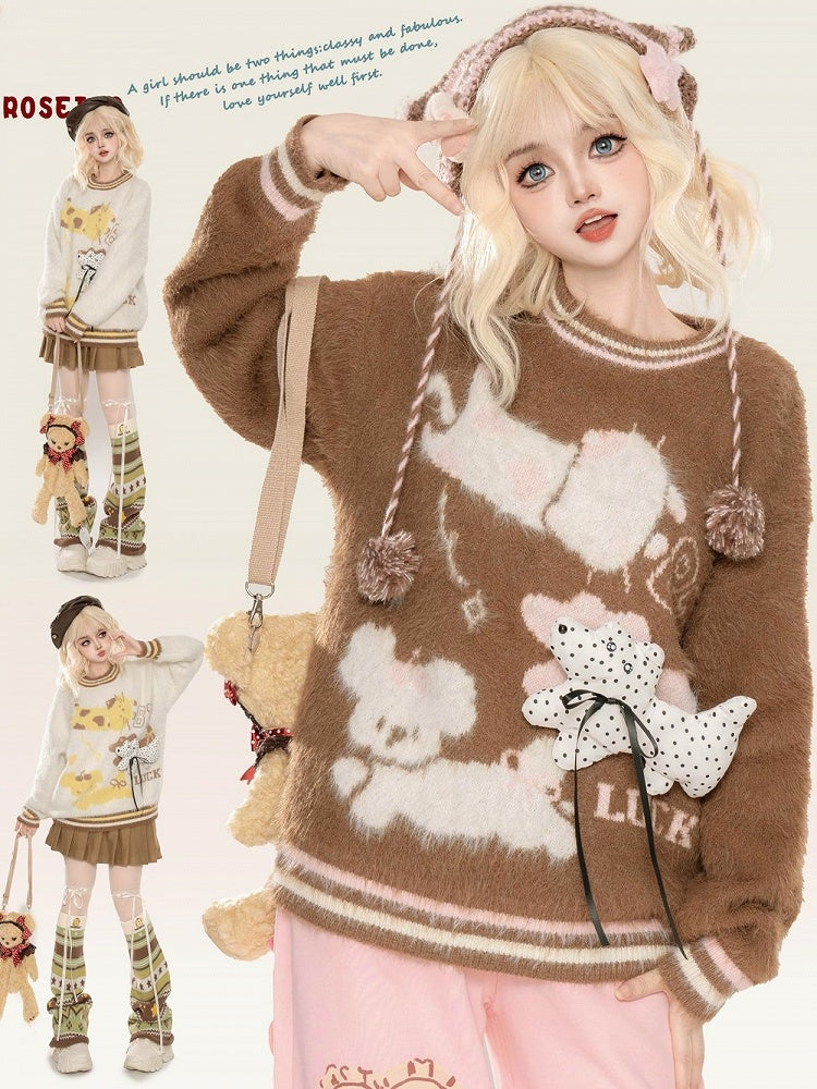 Süßer Mohairpullover mit Rundhalsausschnitt und Welpenmuster in Kaffee/Aprikose