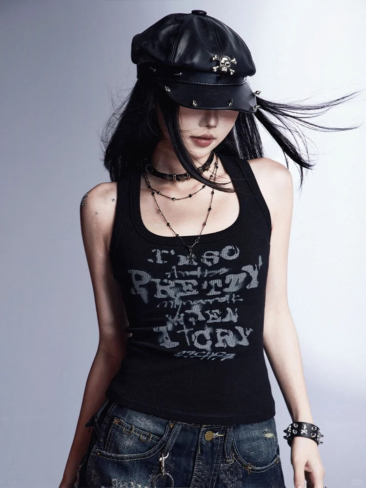 Black Letter Print Vintage Slim-fitting Tank Top Glamorous