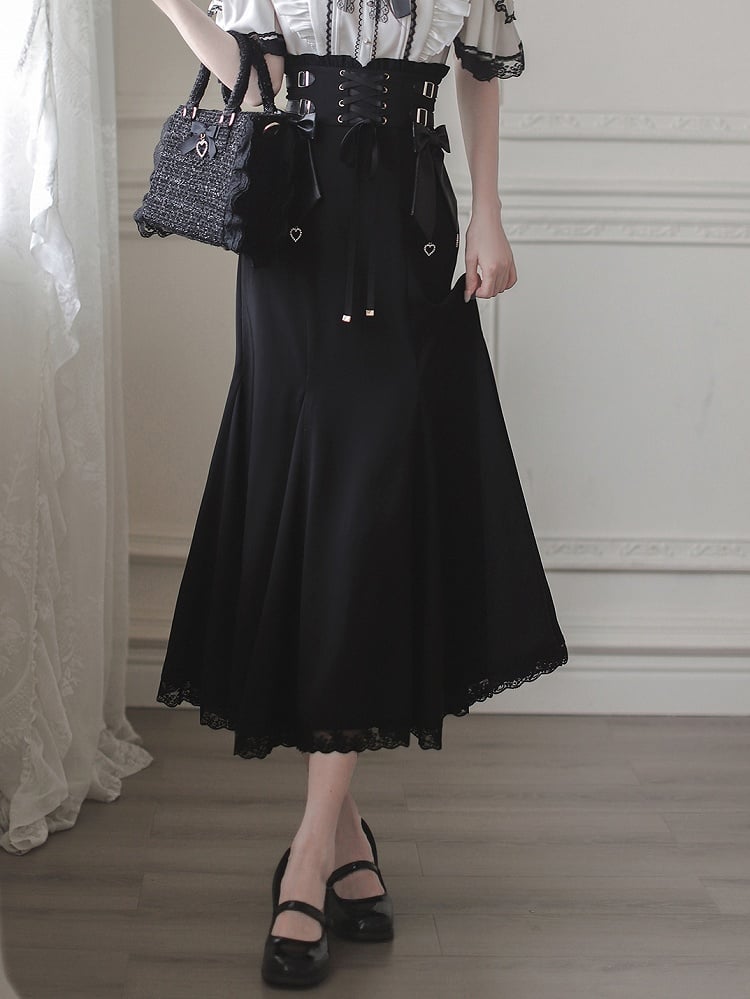 Lace-up Front High Waist Mermaid Skirt with Jirai Kei Black