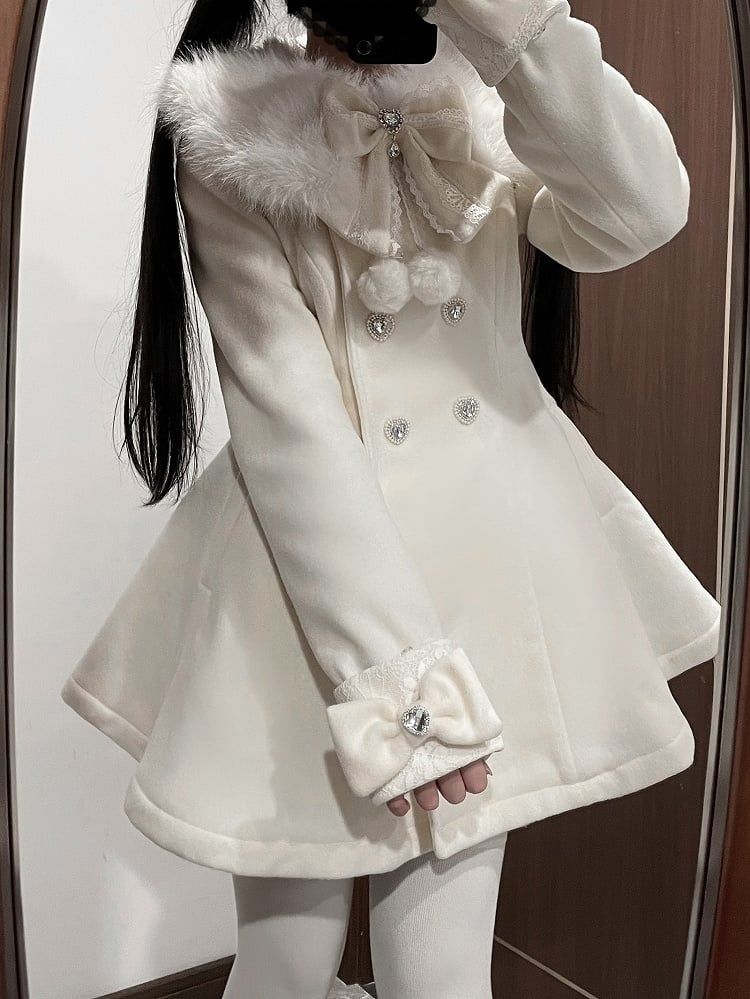Manteau en laine beige Jirai Kei avec col et poignets amovibles en peluche et nœud