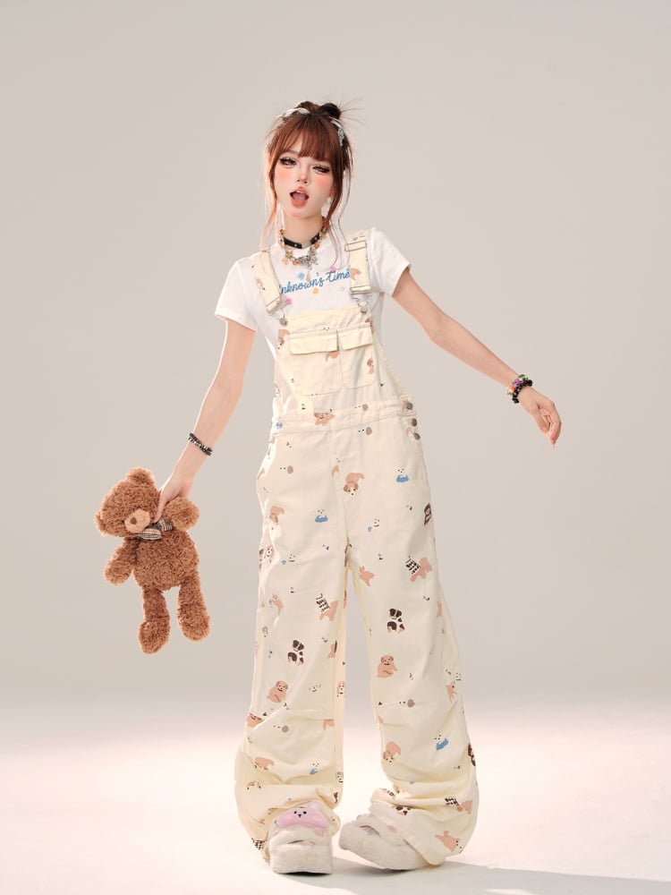 Beige Puppy Print Wide-leg Cut Overall Pants