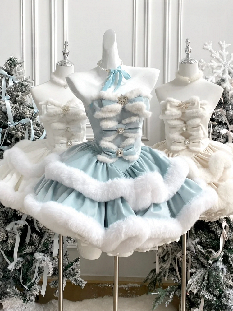 Blaues trägerloses Winterkleid mit Schneeflockenschleifen und Plüschbesatz