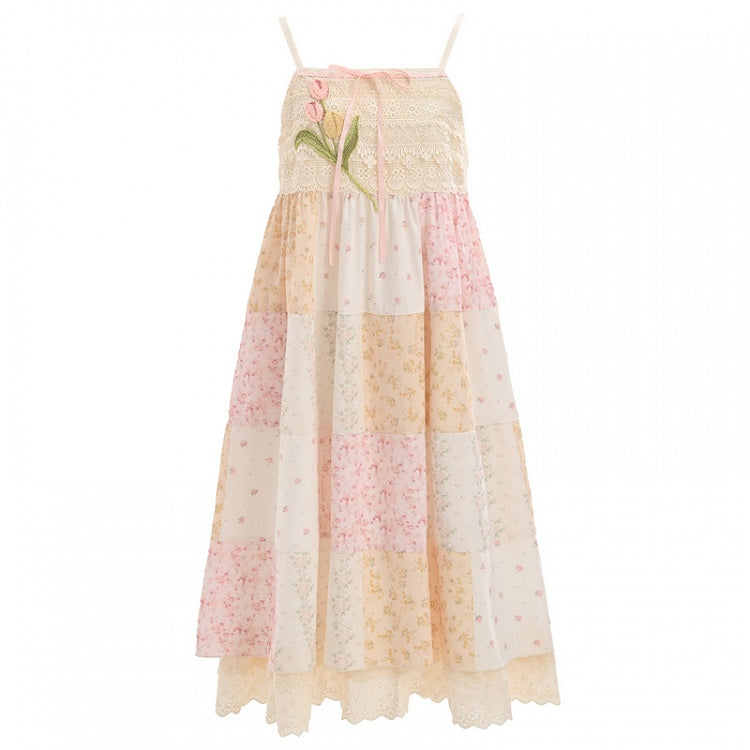 Mori Kei Beige & Pink Tulip Floral Patchwork Summer Dress