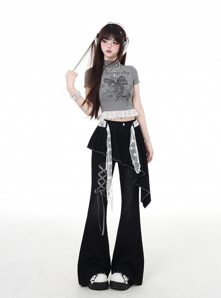 Waist Lace Belt Flared Pants Black Asymmetrical Hem Lace-up Faux Two-Piece Detail with