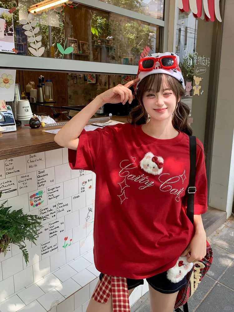 Details T-Shirt with Detachable Kitty Plushie Neck Rhinestone Red Square