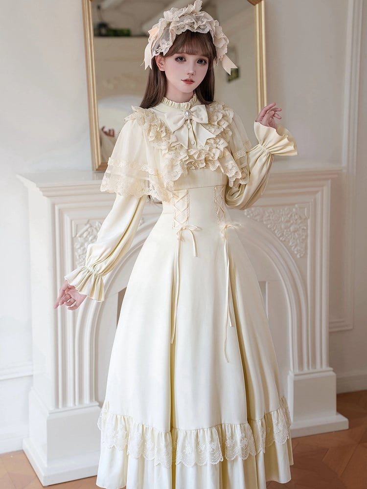 Beige Shawl Waist Ruffle Lace-up with Lolita Dress Detachable Neckline Elegant