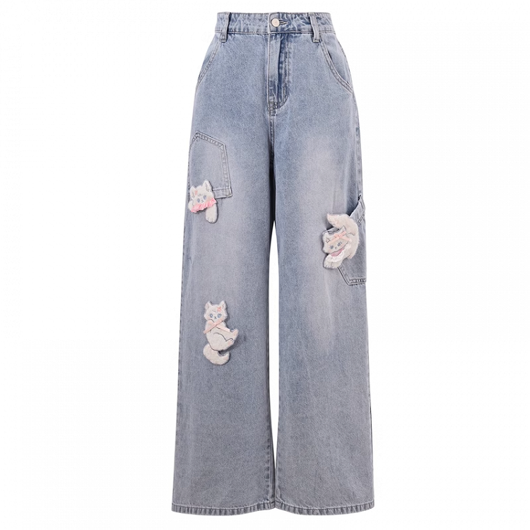 with Detachable Kitty Appliques Blue Wide-Leg Jeans Short/Long Version