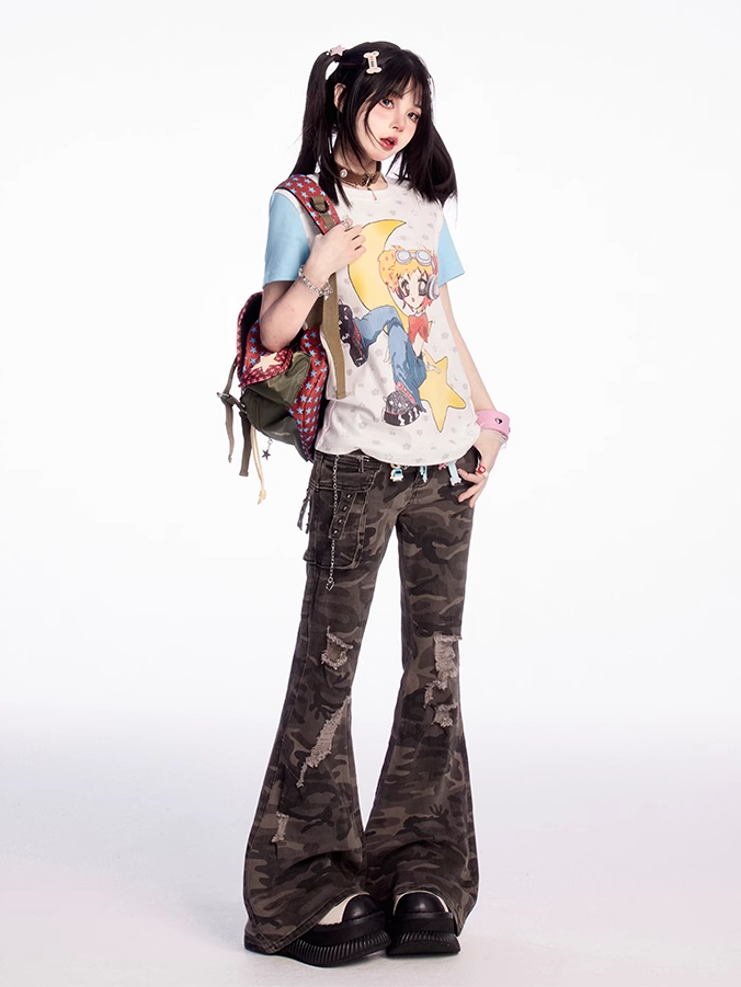Camouflage Low Flared Cargo Pants Rise Distressed Holes